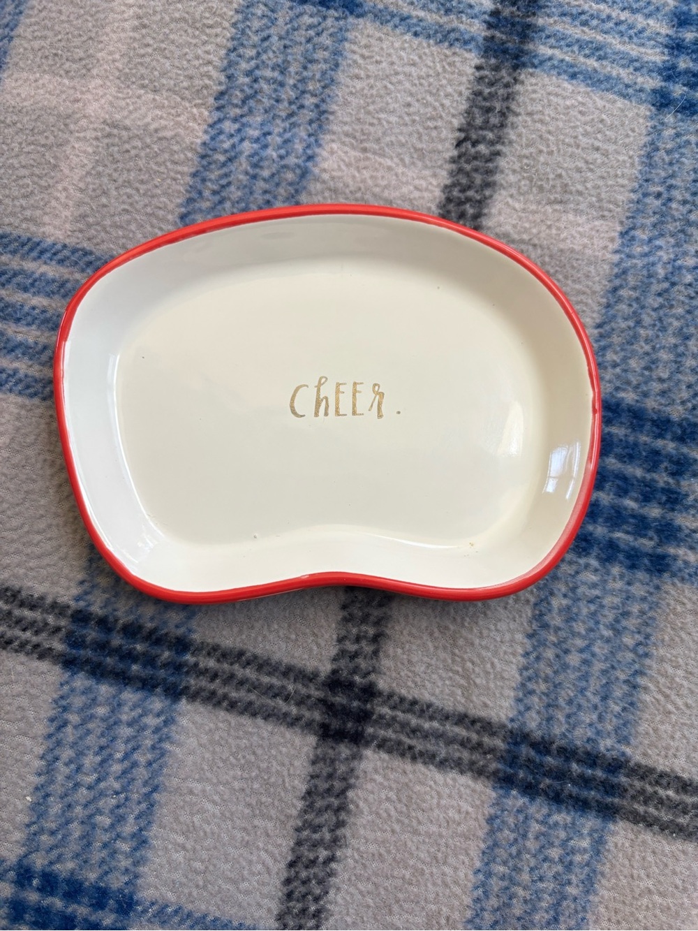 Rae Dunn cream and red "CHEER." serving dish